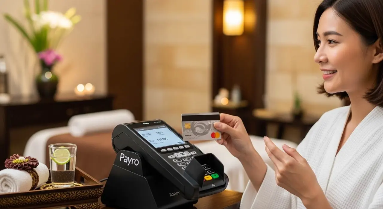 스파 가운을 입은 고객이 PAYRO 단말기에 카드를 대는 모습