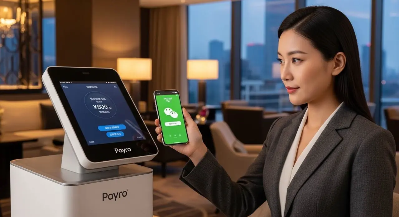 위챗페이 결제 화면을 띄운 휴대폰과 PAYRO 단말기