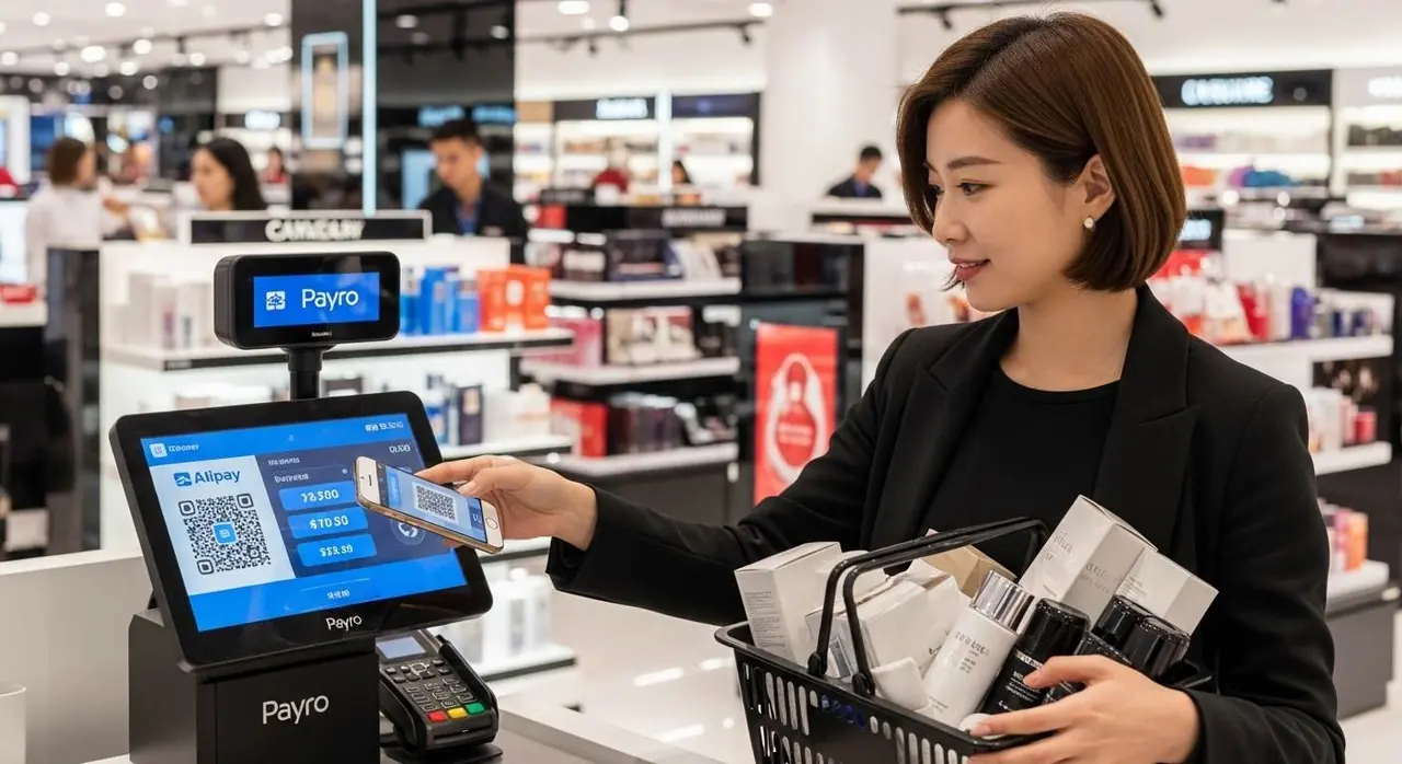알리페이 QR 결제 화면이 표시된 PAYRO 단말기와 고객
