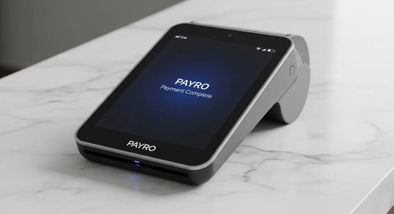 대리석 카운터 위에 놓인 PAYRO 결제 단말기